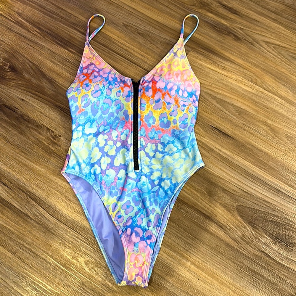 Rainbow neon cheetah one-piece